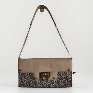 DKNY, Signature, Small, Shoulder Bag, Leather/Canvas, Brown, Gold—Y2K—Vintage